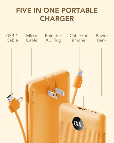 VRURC Portable Charger Built-in Cables and AC Wall Plug, USB C Power Bank 10000mAh, Travel Battery Phone Charger Compact Lightweight External Battery Pack for Smart Phones, Tablets etc-Orange - color: Orange