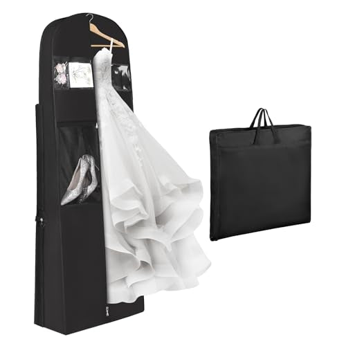 Univivi Wedding Dress Travel Bag for Airplane, Extra Long Wedding Gown Garment Bag with Accessory Pockets, 72 Inch Trifold Heavy Duty Dress Bags for Gowns for Travel and Closet Storage (Black) - color: Black