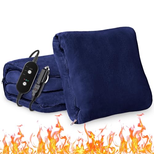 Car Heated Blanket, 12/24V Portable Heated Blanket for Car, Machine Washable Flannel Travel Blanket, 3 Heating Levels, 60x44 Inches, 4-in-1 Design, Convenient for Camping,Navy Blue - color: Pro Navy Blue