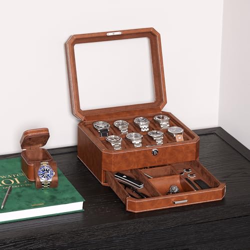 ROTHWELL 8 Slot Leather Watch Box with Valet Drawer - Luxury Case Display Jewelry Organizer, Locking Display Case Holder, Real Glass Top - Watch Box Organizer for Men & Women (Tan/Brown) - color: 8 Slot - Tan/Brown
