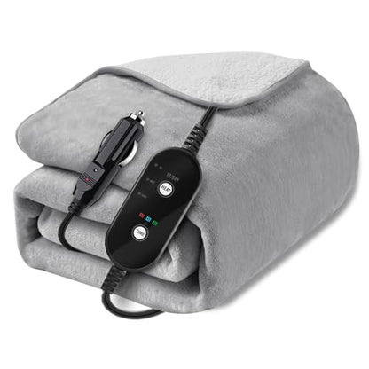 12V/24V Heated Car Blanket, Electric Blanket Flannel Heating Throw for Car, SUV, RV, Camping, 60" x 44", Hi/M/Lo Heating Settings, Auto-Off Timer,Grey - color: Grey