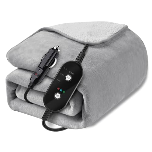 12V/24V Heated Car Blanket, Electric Blanket Flannel Heating Throw for Car, SUV, RV, Camping, 60" x 44", Hi/M/Lo Heating Settings, Auto-Off Timer,Grey - color: Grey