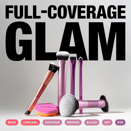 Real Techniques Big Blends Energy Brush + Dual-Sided Puff Kit, 6 Piece Face Makeup Brush & Puff Set for Foundation, Concealer, Powder & Blush, Travel Friendly, Cruelty-Free & Vegan
