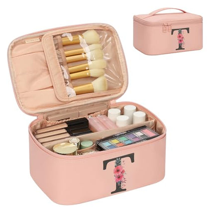 OCHEAL Initial Makeup Bag,Monogram Make up Bag Pink Travel Makeup Organizer Case Beauty Toiletry Cosmetic Bag with Brush Holder, Trendy Stuff Personalized Gifts for Women and Girls-T - color: Pink, style: T