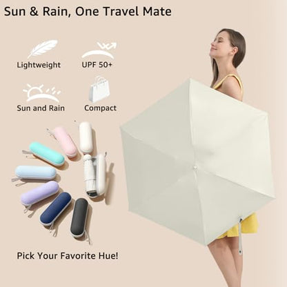 BAODINI Travel Essentials Mini Umbrella for Purse With Case Small Compact UV Sun Protection Lightweight Tiny Pocket Manual Open Close Umbrella for Women Kids and Men Fits Purse Backpack - color: G-1-Beige