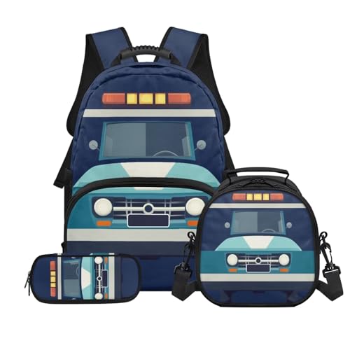 Police Car Kids Boys School Backpacks Set, Schoolbag Matching Combo for Preschool Primary, Lightweight Bookbag, Lunch Box Bundle and Pen Case Set - color: Police Car -2