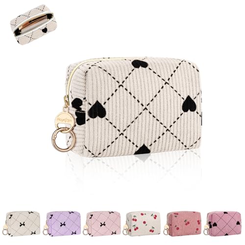 Mini Makeup Bag, Corduroy Small Cosmetic Bag for Purse with Ring Buckle, Travel Makeup Pouch for Lipsticks, Chapsticks, Coin, Earphone, Credit Card (Hearts-Beige) - color: Hearts-Beige
