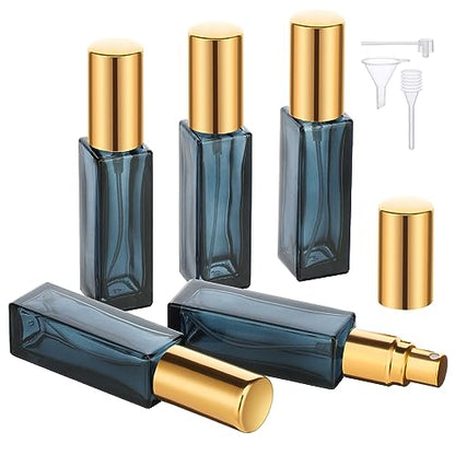 Segbeauty Mini Perfume Atomizer, 5 Set of 10ML Travel Refillable, Glass Dispenser Empty Pump Bottle Small Portable Spray Bottles Toiletries Cosmetic Container for Traveling Outgoing, Blue-gold - color: Dark Blue-gold, style: Mini Bottles