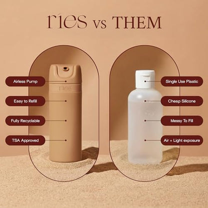 RIES Essential Refillable Toiletry Travel Bottles – Set of 5 (3.4oz & 1.7oz) Airless Pump Containers for Shampoo, Conditioner, Body, Face – Leak-Proof, TSA-Approved, Dishwasher Safe - Sand - color: Sand