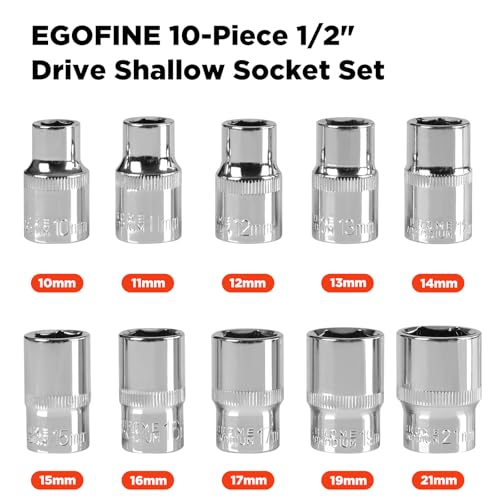 Egofine 10PCS 1/2” Drive Standard Socket Set,Shallow and Metric Socket Set（10mm-21mm,6 Point,With Hanging Bracket,Cr-V Steel - size: 1/2, style: 10PC Standard Socket Set