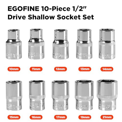 Egofine 10PCS 1/2” Drive Standard Socket Set,Shallow and Metric Socket Set（10mm-21mm,6 Point,With Hanging Bracket,Cr-V Steel - size: 1/2, style: 10PC Standard Socket Set