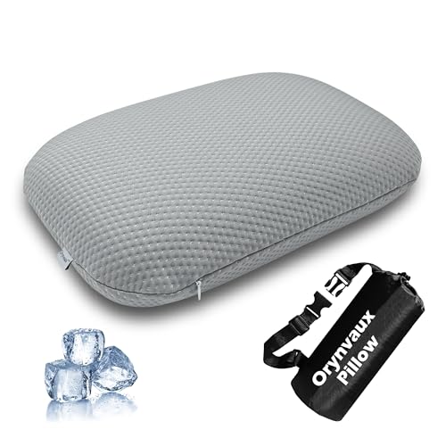 Cooling Camping Pillow, Memory Foam Travel Pillow with Adjustable Buckle Strap & Storage Bag, Compact Small Pillow for Airplane, Car Lumbar, Office, Washable Cooling Cover, Quarry Grey - color: Quarry Grey, size: S-14.9*10.2*3.6in