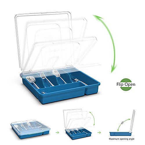 𝐅𝐥𝐚𝐭𝐰𝐚𝐫𝐞 𝐎𝐫𝐠𝐚𝐧𝐳𝐢𝐞𝐫 𝐰𝐢𝐭𝐡 𝐋𝐢𝐝, Plastic Silverware Tray for Drawer, 5 Compartments Utensil Holder for Countertop, Navy Blue - color: Navy Blue