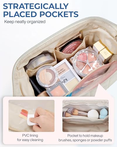 BAGSMART Makeup Bag Cosmetic Bag Wide Open, Beige, M, Wide-open Travel Makeup Bag With Puffy Padded and Rectangular Quilted - color: 08-Cream Beige