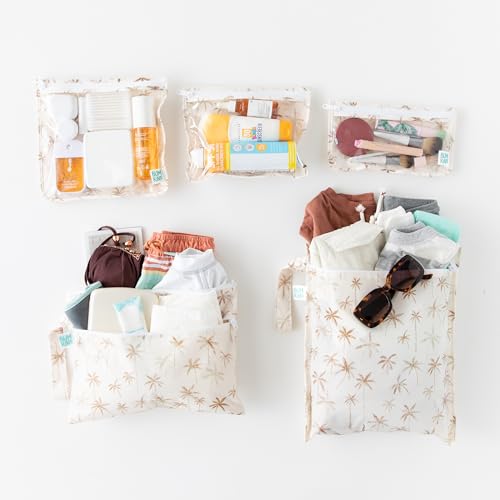 Bumkins - Waterproof Wet Bag, Wet/Dry Clutch & Clear Travel Bags - For Beach, Baby, Travel, Cloth Diapers, Pump Parts, Pool, Gym, Toiletries - Reusable & Easy to Clean - Palm Trees - 5 Pack - color: A2 Palm Trees 5pc