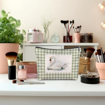 Sage Green and White Gingham Swan Makeup Bag, Elegant White Swan Waterfowl Plaid Checkered Cosmetic Bags for Women, Bird Lovers Gifts Makeup Zipper Pouch - color: White Swan-Green
