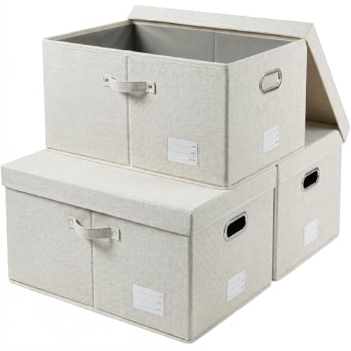 PRANDOM Storage Bins with Lids [3-Pack] Linen Fabric Foldable Storage Boxes Organizer Containers Baskets Cube with Cover for Bedroom Closet Office Beige (23.4X15.9X11.4) - color: Beige, size: XL(3-Pack)