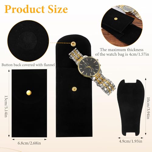 12Pcs Velvet Watch Pouch – Portable Fleece Watch Travel Case, Single Storage Bag with Snap Button & Pre-Cut Gaskets, Soft Jewelry Organizer for Men Women, Black