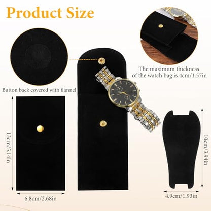 12Pcs Velvet Watch Pouch – Portable Fleece Watch Travel Case, Single Storage Bag with Snap Button & Pre-Cut Gaskets, Soft Jewelry Organizer for Men Women, Black