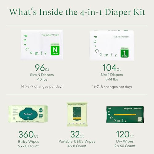 PurComfy Baby Diapers Essential Kit, Size N (96Ct) & Size 1 Diapers (104Ct), 6 Water Wipes (360Ct), 4 Travel Wipes (32Ct) and 2 Dry Wipes(120Ct), Baby Essentials Kit for Sensitive Skin, Total 712 Ct - size: Size N(96)+1(104)+Wipes(360ct)+Dry Wipes(120ct)