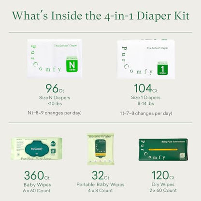 PurComfy Baby Diapers Essential Kit, Size N (96Ct) & Size 1 Diapers (104Ct), 6 Water Wipes (360Ct), 4 Travel Wipes (32Ct) and 2 Dry Wipes(120Ct), Baby Essentials Kit for Sensitive Skin, Total 712 Ct - size: Size N(96)+1(104)+Wipes(360ct)+Dry Wipes(120ct)