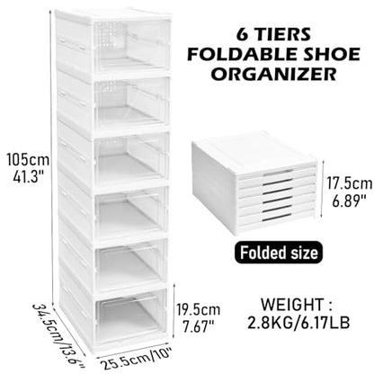 Foldable Shoe Storage Box, No Assembly 6 Tiers Shoe Organizer with Clear Door, Stackable Shoe Sneaker Standing Rack for Entryway Living Room Bedroom