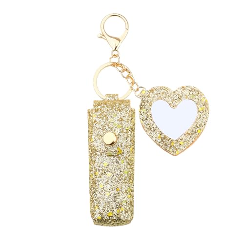 Sisadodo Glitter Lip Oil Holder Key Chains for Woman Lipstick Case with Mirror Lip Balm Keychain for Lipstick Case Keychain - color: Gold-heart