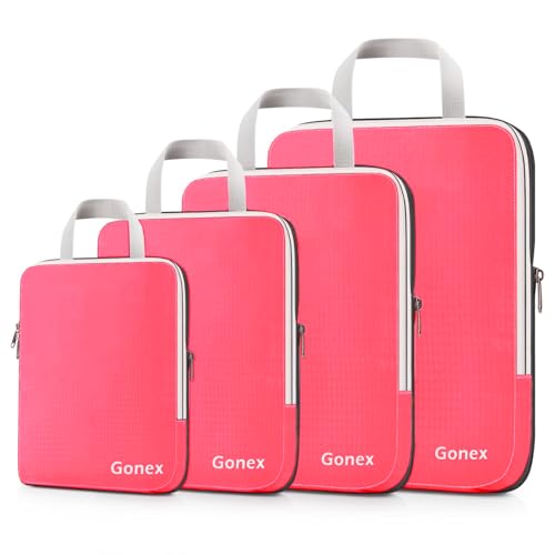 Gonex Compression Packing Cubes, 4pcs Expandable Storage Travel Luggage Bags Organizers (Bright Pink) - color: 4-Bright Pink, size: 4 Set