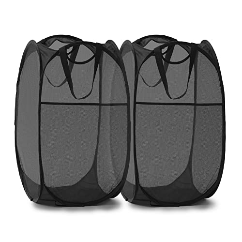 TECHMILLY Collapsible Mesh Pop Up Laundry Hamper with Sturdy Handles and Side Pocket - Portable Foldable Clothes Baskets for Dorm, Bathroom & Travel Storage (Black, 2 Packs) - color: Black, size: 2 Pack