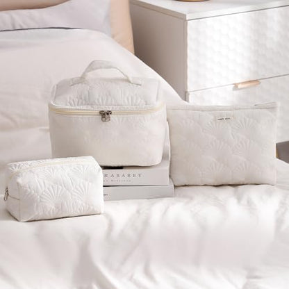 RSRSLEII 3Pcs Quilted Cotton Coquette Makeup bag, Coastal Granddaughter Aesthetic Cosmetic Bag, Cute Seashell Portable Travel Toiletry Pouch (08 3Pcs White) - color: 08 3Pcs White