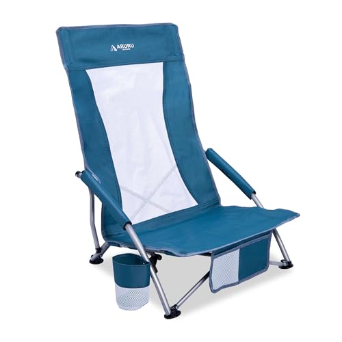 Low Beach Chairs for Adults High Back,Folding Portable Sling Beach Camping Chair with Cup Holder,Lightweight Foldable Camp Lawn Chair for Outdoor Sand Concert Travel Sport Events - color: Navy Blue, size: High Back