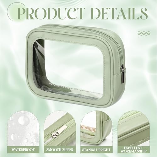 Abbylike 4 Pcs Green Clear Makeup Bag PU Leather Tsa Approved Toiletry Bag with Zipper Transparent Waterproof Portable Cosmetic Bags Travel Car Clear Organizer Bags for Women Girls Mother's Day - color: Green