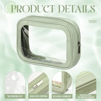 Abbylike 4 Pcs Green Clear Makeup Bag PU Leather Tsa Approved Toiletry Bag with Zipper Transparent Waterproof Portable Cosmetic Bags Travel Car Clear Organizer Bags for Women Girls Mother's Day - color: Green