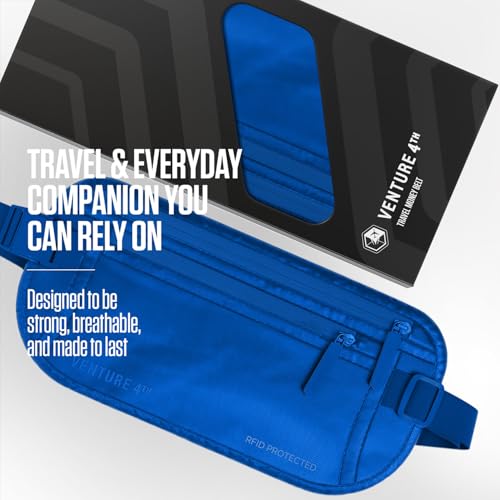 VENTURE 4TH Money Belt for Travel – Slim Hidden Under-Clothes RFID Blocking Anti-Theft Passport Holder & Travel Wallet Pouch for Men & Women to Protect Cash, Cards & Documents (Sleek Blue) - color: Sleek Blue