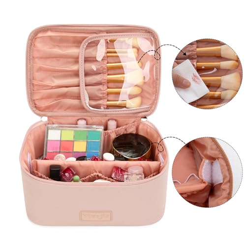 Montana West X Wrangler Travel Makeup Bag 2pcs Set Large Cosmetic Bag with Makeup Brush Holder Portable Make Up Organizer Cute Toiletry Bag with Divider and Handle for Women - color: Light Pink