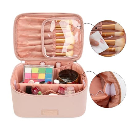 Montana West X Wrangler Travel Makeup Bag 2pcs Set Large Cosmetic Bag with Makeup Brush Holder Portable Make Up Organizer Cute Toiletry Bag with Divider and Handle for Women - color: Light Pink