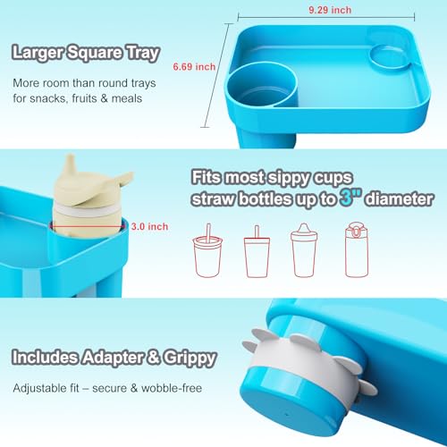 Car Seat Snack Tray for Toddlers - 3 Inch Cup Holder Fits Most Sippy Cups & Straw Bottles with Dip Well, Mess-Free Square Kids Travel Tray Road Trip Essentials, Sky Blue - color: Sky Blue