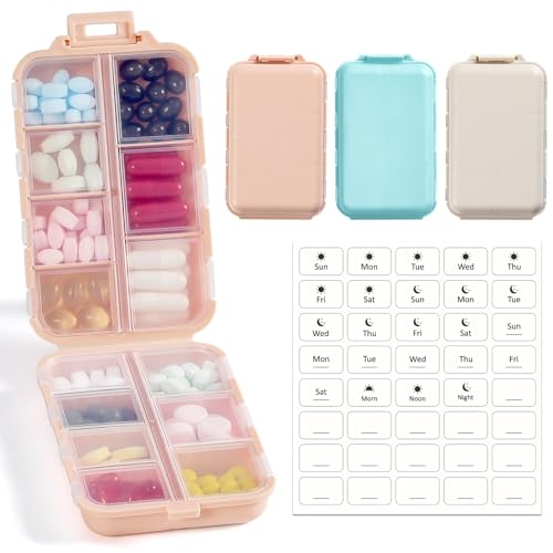 3 Pack, 14 GRIDS Travel Pill Organizer Box with Labels - Travel Medicine Case Kit - Pocket Daily Pharmacy Container - Travel Medication Holder Dispenser for Fish Oil Vitamin Supplement Storage - color: Khaki+pink+blue, size: with White Labels