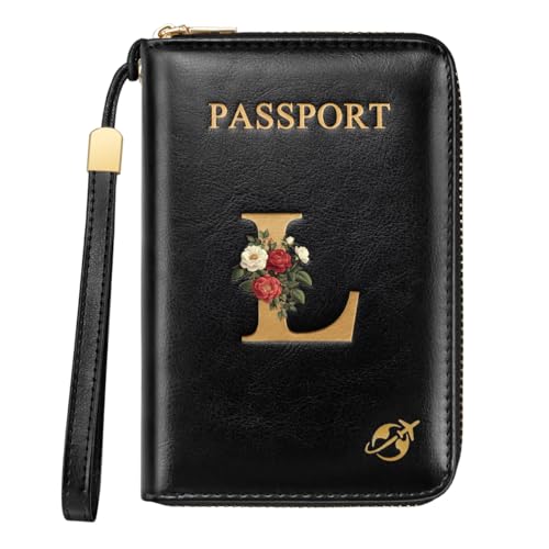 Passport Holder Cover Wallet with Zipper Personalized Initial Letter L Rose Flower RFID Blocking Travel Wallets Credit Cards Holder for Women, Gift for Wife and Girlfriend,L - color: Black, size: L