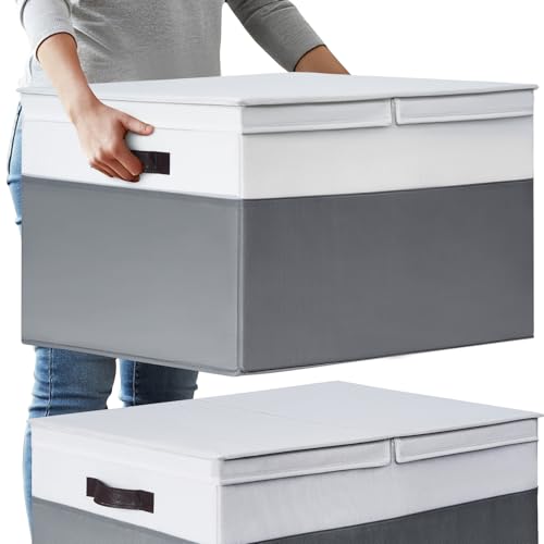 2 Pack EXTRA LARGE Blanket Storage Baskets with Lids, 22”x16”x12” Closet Organizers Bins for Clothes Towel/ Storage Box with Lid Handles/ Stackable Decorative Fabric Bins for Living Room, Nursery - color: White with Grey