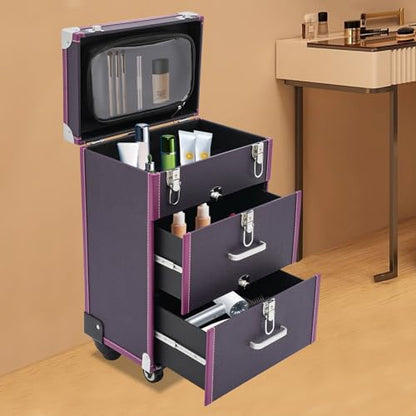 Large Capacity Rolling Cosmetic Case, Travel Trolley Case Mobile Storage Box, Multifunctional Makeup Train Case, Portable Tool Organizer with Lock and Universal Wheels for Beauty Salon Nail (Purple)