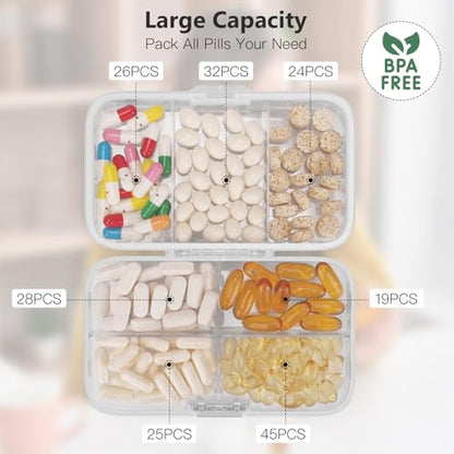 FYY Weekly Pill Organizer with Labels,8 Compartments Travel Daily Pill Case Airtight Moistureproof Large Pill Box to Hold Vitamins, Fish Oil, Supplements,Cotton Swab and Bandages-Clear - color: Clear