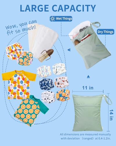 babygoal Wet Dry Bags for Baby Cloth Diapers 3 Pack, Washable Travel Bags, Beach, Pool, Gym Bag for Swimsuits & Wet Clothes with Two Pockets, Snap Handle 3LN32 - color: Olive and bean green & lake blue