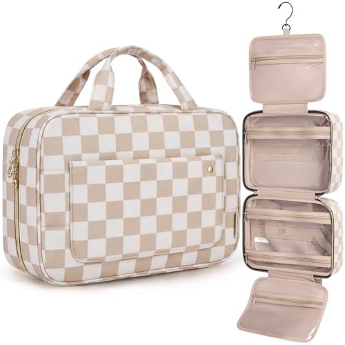 BAGSMART Toiletry Bag Travel Bag with Hanging Hook, Water-resistant Makeup Cosmetic Bag Travel Organizer for Accessories, Shampoo, Full-size Container, Toiletries (Khaki Checkerboard, Large) - color: Khaki Checkerboard, size: Large