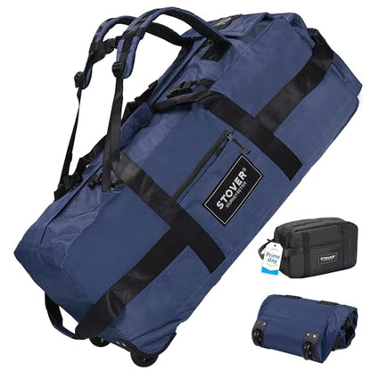 STOVER 45/80/100L Rolling Duffel Bag with Wheels, Large Durable Travel Duffle + Toiletry Bag, Heavy Duty, Packable, Foldable with Shoulder Straps- Use as Luggage or Backpack, Men/Women (Navy Blue) - color: Navy Blue