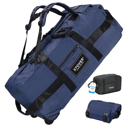 STOVER 45/80/100L Rolling Duffel Bag with Wheels, Large Durable Travel Duffle + Toiletry Bag, Heavy Duty, Packable, Foldable with Shoulder Straps- Use as Luggage or Backpack, Men/Women (Navy Blue) - color: Navy Blue