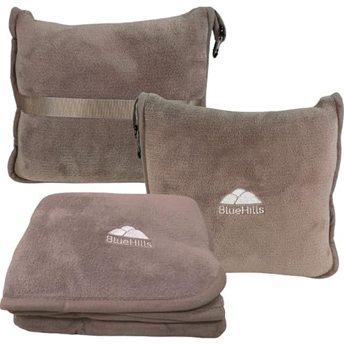 BlueHills Premium Soft Travel Blanket Pillow Airplane Flight Blanket Throw in Soft Bag Pillow case with Luggage Belt & Backpack Clip Compact Pack Large Airport Taupe T023 - color: Taupe-1pk-t023