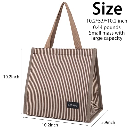 Insulated Lunch Bag for Work, 10.2"x5.9"x10.2" Oxford Waterproof Striped Canvas Tote Bag - color: Pink White
