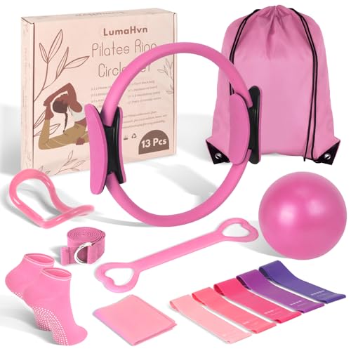 Pilates Kit for Women 13PCS, Pilates Ring and Ball Set with Magic Circle, Resistance Bands Set, Figure 8 Band, Yoga Ring & Grip Socks, Home Workout Equipment Essentials Starter Kit for Beginners - color: Pink
