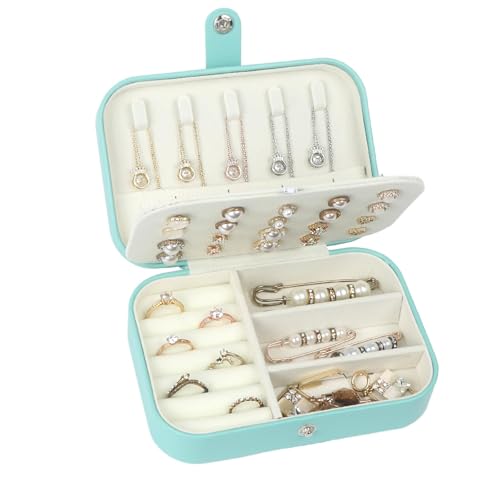 Hatori Travel Jewelry Box, PU Leather Small Jewelry Organizer for Women Girls, Double Layer Portable Mini Travel Case Display Storage Holder Boxes for Stud Earrings, Rings (Turquoise) - color: Turquoise